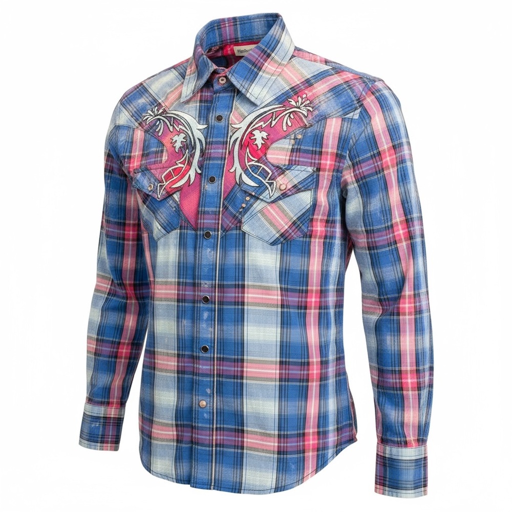 Rock 47 Wrangler Women's Blue and Pink Plaid Button Down Shirt size small - Picture 7 of 8